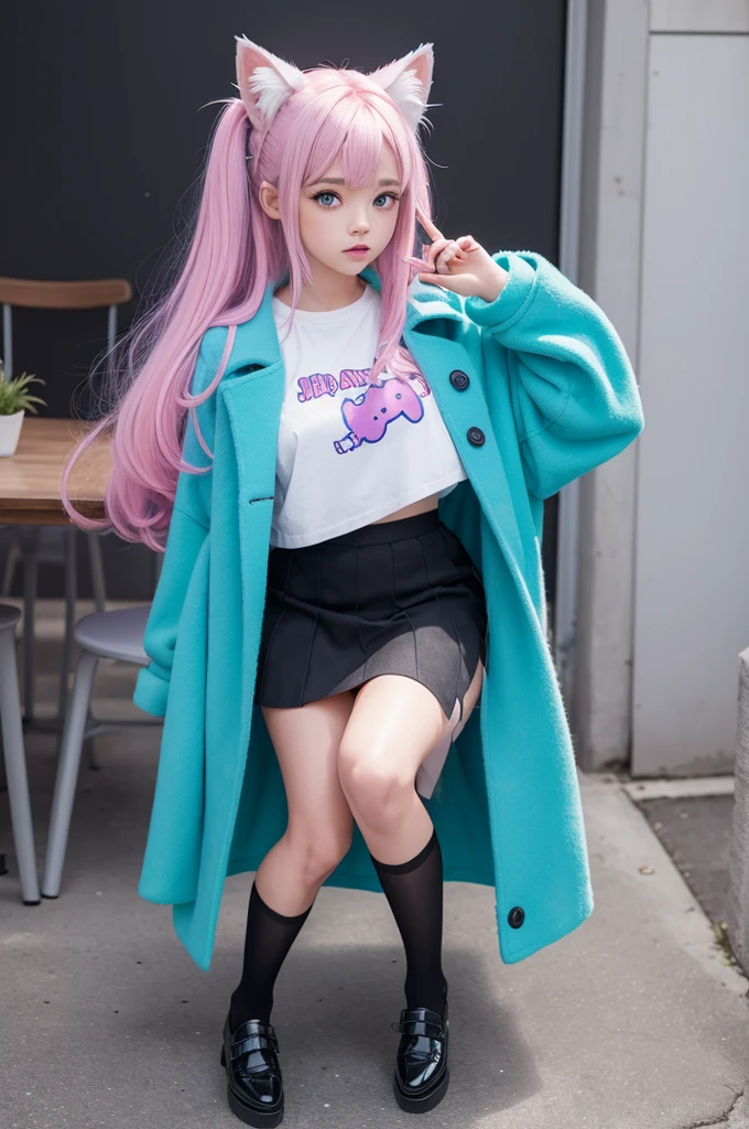 A girl with cat ears and tail. The tail is fluffy, pink and with a blue tip. The ears are blue. The hair is pink, elongated and long, with some blue highlights in the bangs. She has one blue eye and the other purple. Pretty as hell. She is wearing a green felt coat, a black skirt, a pair of Mary Jane shoes, and white socks. She only has a single tail.