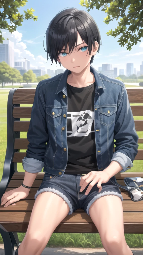 masterpiece, best quality, high quality, 1boy, solo, 14-year-old boy,evil boy,male focus, looking at viewer , black hair, old-school swoop haircut,blue jean jacket,black shorts, emerald eyes, sitting on a bench 