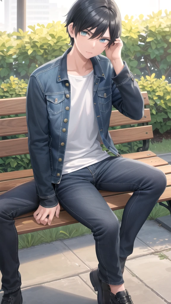 masterpiece, best quality, high quality, 1boy, solo, 14-year-old boy,evil boy,male focus, looking at viewer , black hair, old-school swoop haircut,blue jean jacket,black shorts, emerald eyes, sitting on a bench 