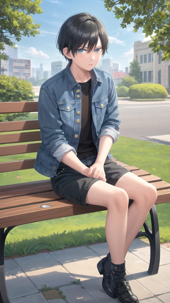 masterpiece, best quality, high quality, 1boy, solo, 14-year-old boy,evil boy,male focus, looking at viewer , black hair, old-school swoop haircut,blue jean jacket,black shorts, emerald eyes, sitting on a bench 