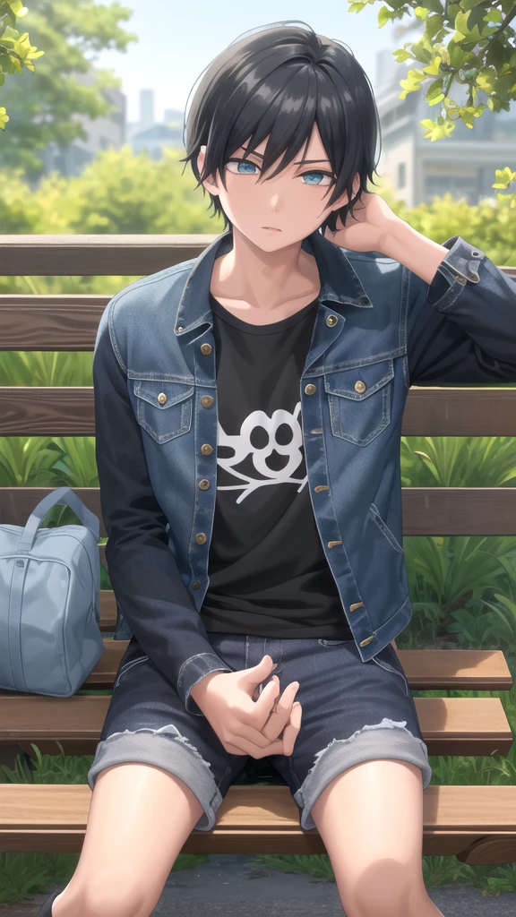 masterpiece, best quality, high quality, 1boy, solo, 14-year-old boy,evil boy,male focus, looking at viewer , black hair, old-school swoop haircut,blue jean jacket,black shorts, emerald eyes, sitting on a bench 