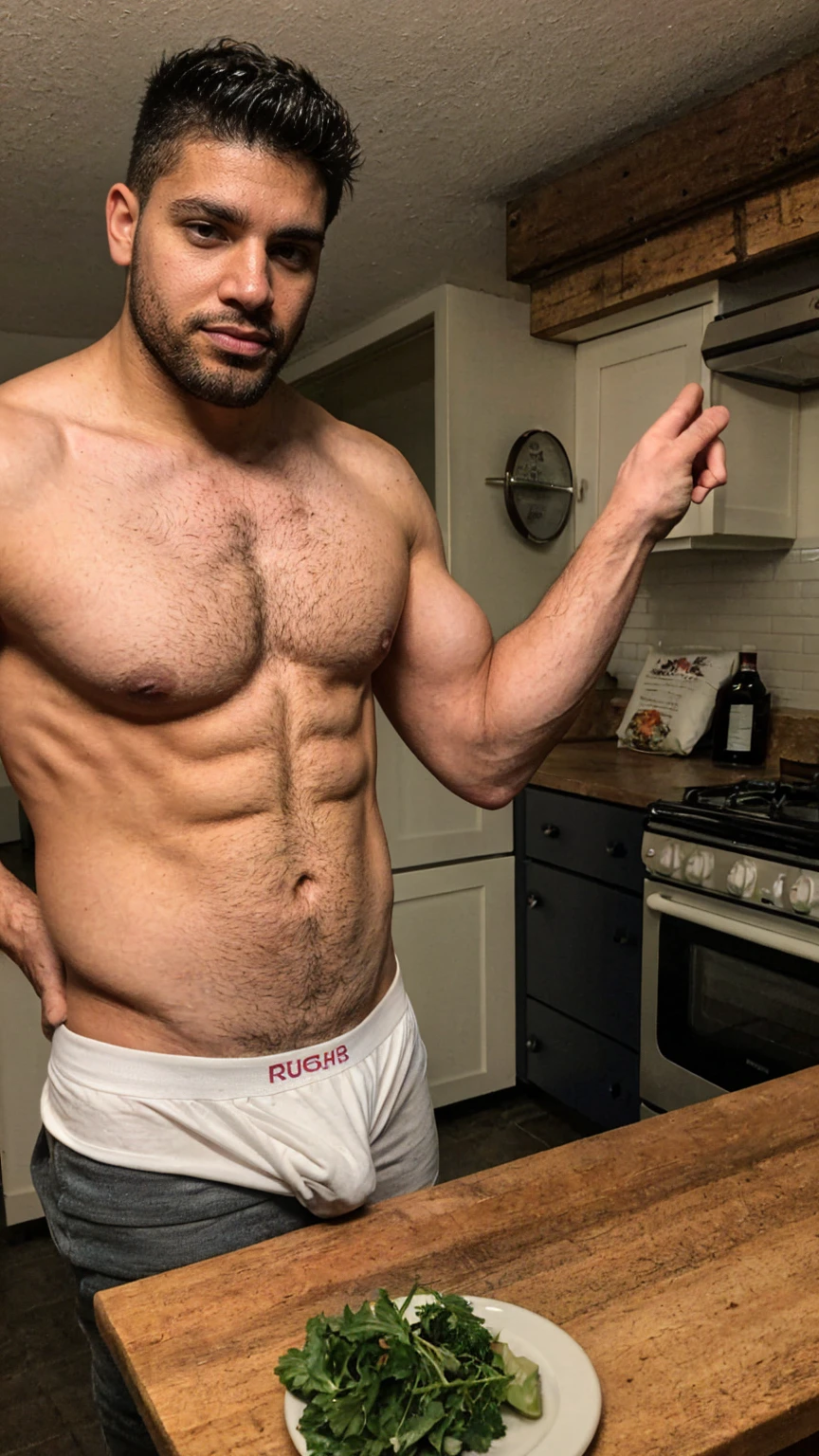 Real image of muscular and hairy Latino, short black hair, short beard, shirtless, wearing a white boxer, prepare dinner in a kitchen . it&#39;s night.