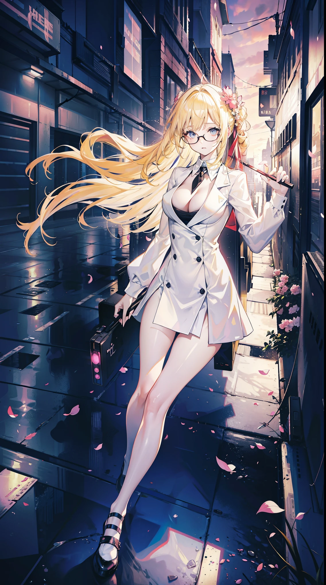 Young and beautiful Kathryn Newton, Glasses, White dress shirt, Very deep neckline, Black Mini Dress, Dark pantyhose, Surreal, , Model figure, Large Breasts, Beautiful breasts, Big Ass, Long hair, Ponytail, Blonde hair, Long legs, 8K, futuristic city, Cherry blossoms, sunrise, LED lighting, Anime style, (((Cleavage)))，（（Leaning against the wall，Sideways posture））
