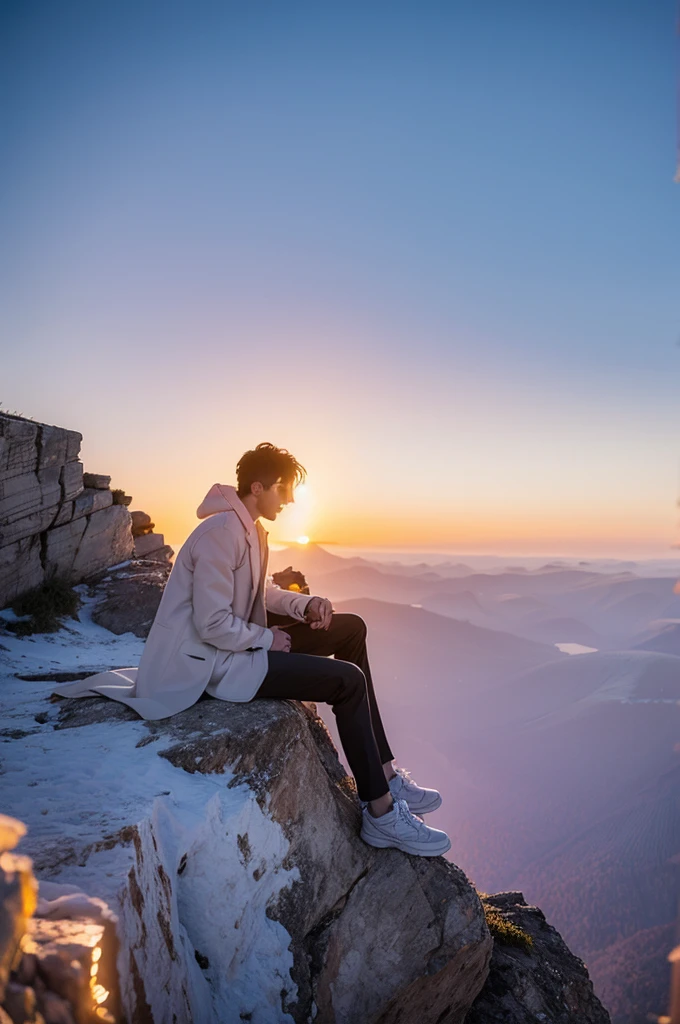 A male character wearing a white coat sitting on a cliff and watching the sunset