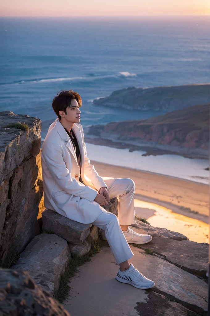 A male character wearing a white coat sitting on a cliff and watching the sunset