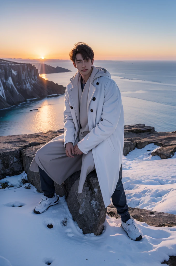 A male character wearing a white coat sitting on a cliff and watching the sunset