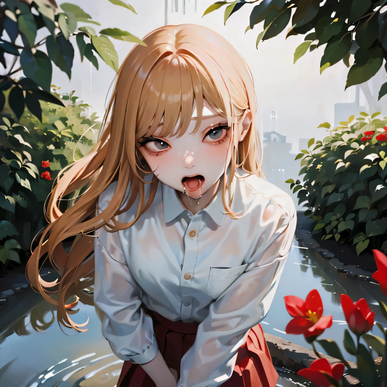 masterpiece, Highest quality, 8k wallpaper, Very detailed,nsfw， A girl , (Golden Hair:1.1), Long Hair, fine grain、(Red Skirt)、 White dress shirt,(A single large red flower hair ornament:1.1)，Light blue eyes ，looking down、embarrassed，ceiling，BREAK, Wet clothhes, see through, Residential Background, In the woods, rain, crap, water, puddle,splashing, drop shadow,rain, reflection,((Ahegao, Embarrassing, Drooling, Please open your mouth wide)), (((walking, Adult toys in panties), Female masturbation, Abuse, Inserting an Object, vibrator)),