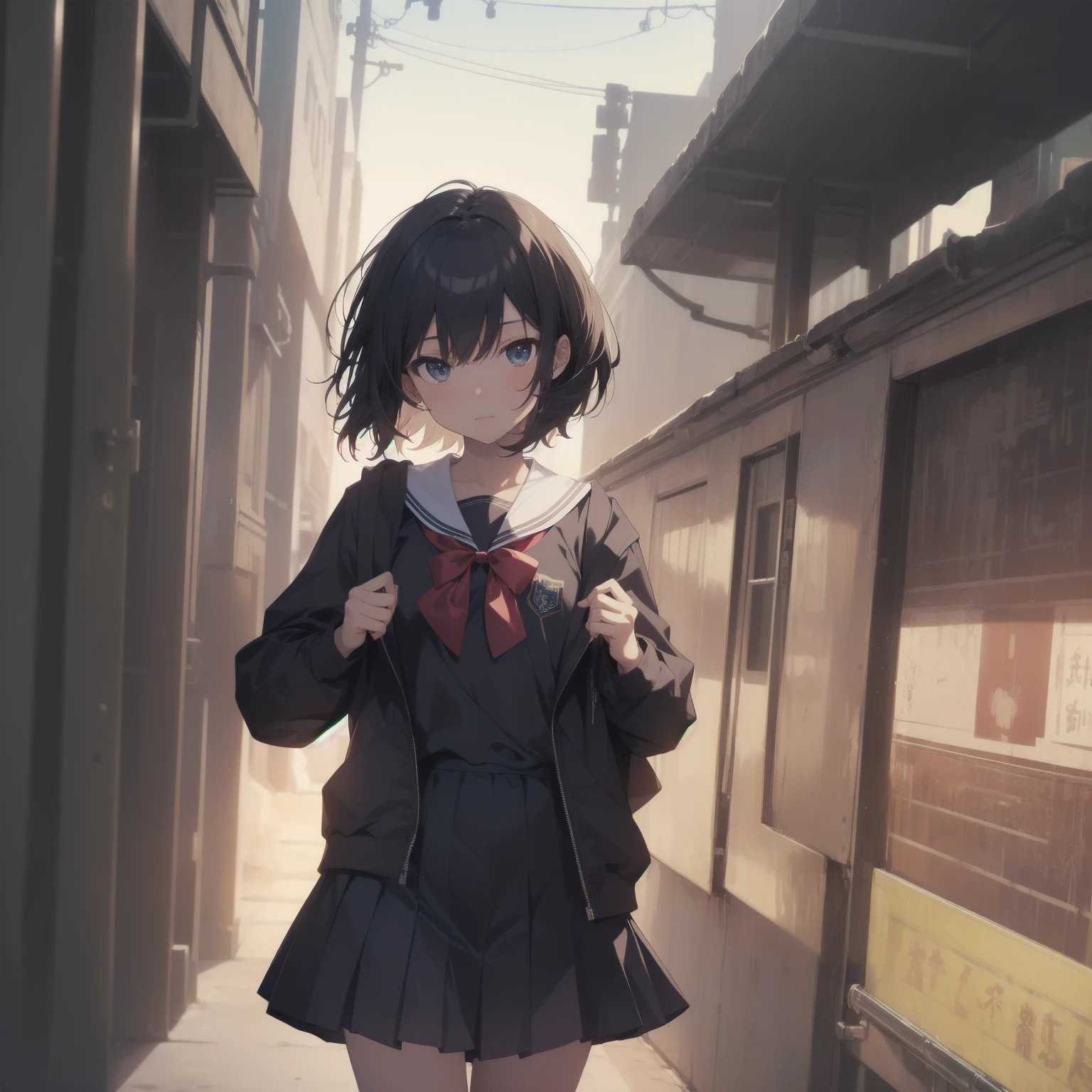 ultra-absurdres-Top quality by artist God, ultra-detailed, high resolution, anime moe artstyle, best anime 8k konachan wallpaper, pixiv contest winner, pool:2810, perfect anatomy,break, 1girl, (Please draw a girl walking sleepily to school alone. )break,(Solo,little female, 13-year-old:1.3),Full limbs, complete fingers,a junior high school student, (very short hair), short cut, flat chest, , small butt, small black eyes, beautiful detailed eyes, well-proportioned iris and pupils, expressive eyes, highres detailed hair, soft expression, salor school_uniform, sailor collar, serahuku, bow, pleated skirt,(Detailed Lighting), (Detailed background), in the School commute route. break,super detailed skin, Best cinematic lighting powered by famous artist, 8k,beauty illustration,photoshop_(medium),very aesthetic,break,((artist:enkyo_yuuichirou )), artist:clamp ,artist:carnelian ,artist:kantoku ,