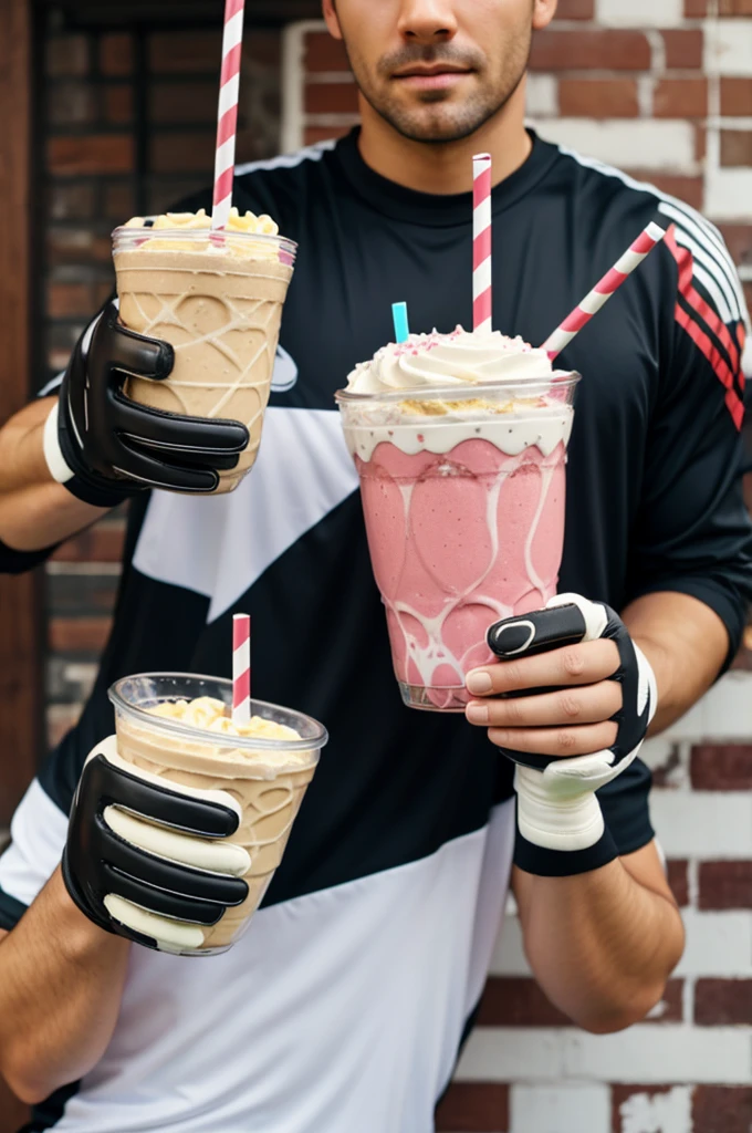 A milkshake with soccer goalkeeper gloves
