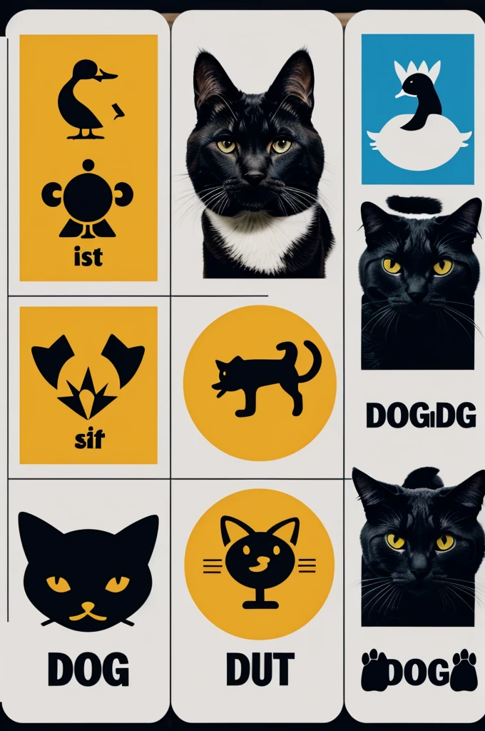 Text in the middle that says Pictograms with stikers of a dog, a cat and a duck 