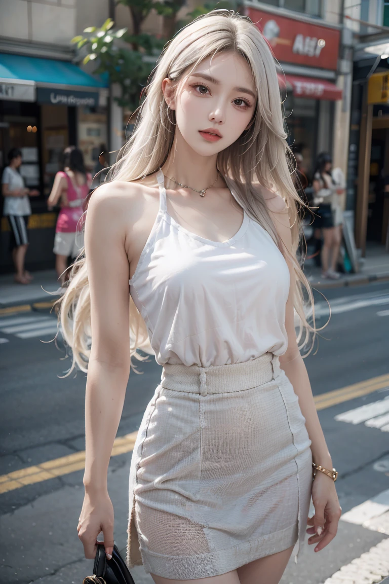 female,masterpiece, realistic, best quality, ultra detailed, cowboy_shot, long white hair, red lips, jewelery, street wear,skirt, colorful clothing

