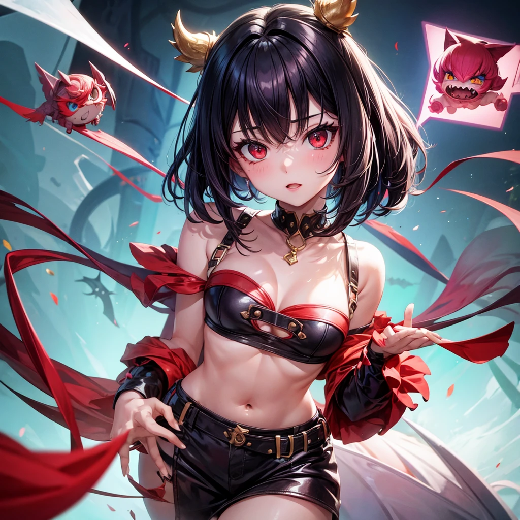 girl monster,Eyes red,medium breasts,shorth hair