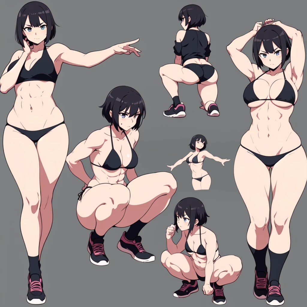 1 girl, anime style, linear, black and white, doing squats, bikini, muscular, defined abdomen, beautiful thighs, large thighs, wide thighs, tomboy, short black hair, sports girl, sprite sheet, moviment
