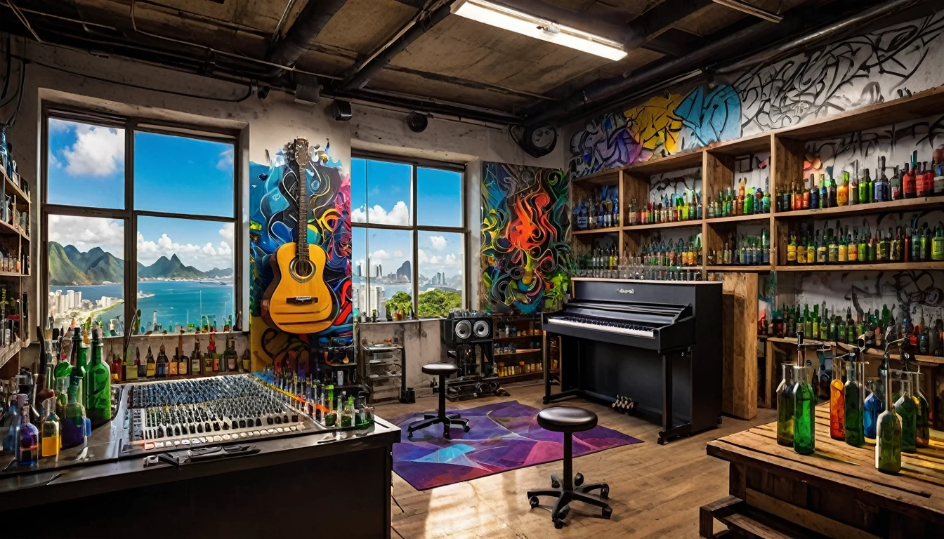 Masterpiece; Guitars and drums in a small science lab(((several science bottles around the room))); (guitars and musical keyboards inside science bottles) World map on the wall. sciencie complete with speakers and glass flasks of chemistry, embody the resilience and tenacity of the scientific community, infused with a bold graphic allure that enlivens the spirit of science. The design penetrates layers of depth, integrating the raw essence and vibrant cores of Rio de Janeiro culture. Brushstrokes that incorporate the fluid energy of graffiti on guitars and acoustic guitars weave around dynamic geometric shapes, adorning the laboratories with an evocative masterpiece that speaks to the heart of the intersection between two diverse worlds. Majestically rendered in high definition and vibrant color, every detail bursts with life, inviting viewers to marvel at the beauty that; by Rembrandt