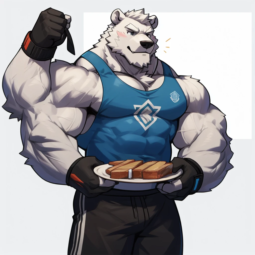 solo, 1boy, Huge Muscular White Polar Bear wearing glasses, huge white fur, pectoral, huge pectoral, wide pectoral, short white hair, blue colored short pants, blue colored wristbands and blue colored tank top, white bearded, white Mustache, white fur, Plate-Loaded Fly Machine V2 background, masterpiece, high detailed, 8k, high resolution, at the gym, cable uppercut fly, pulling the cable flyes by the Plate-Loaded Fly Machine V2