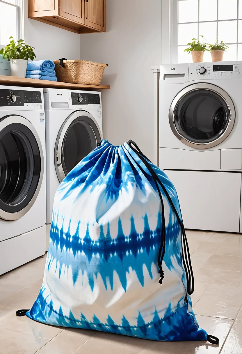 1 oversized blue tie-dye patterned dirty clothes bag in the laundry room,Black drawstring,