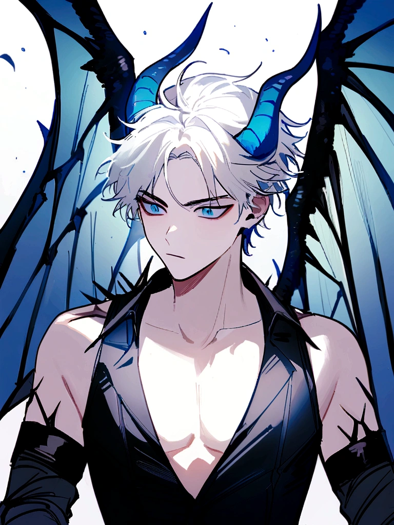 homen,stark, White hair, best qualityer,open chest vest, blue and black clothes with dragon wings, black and blue dragon horns 