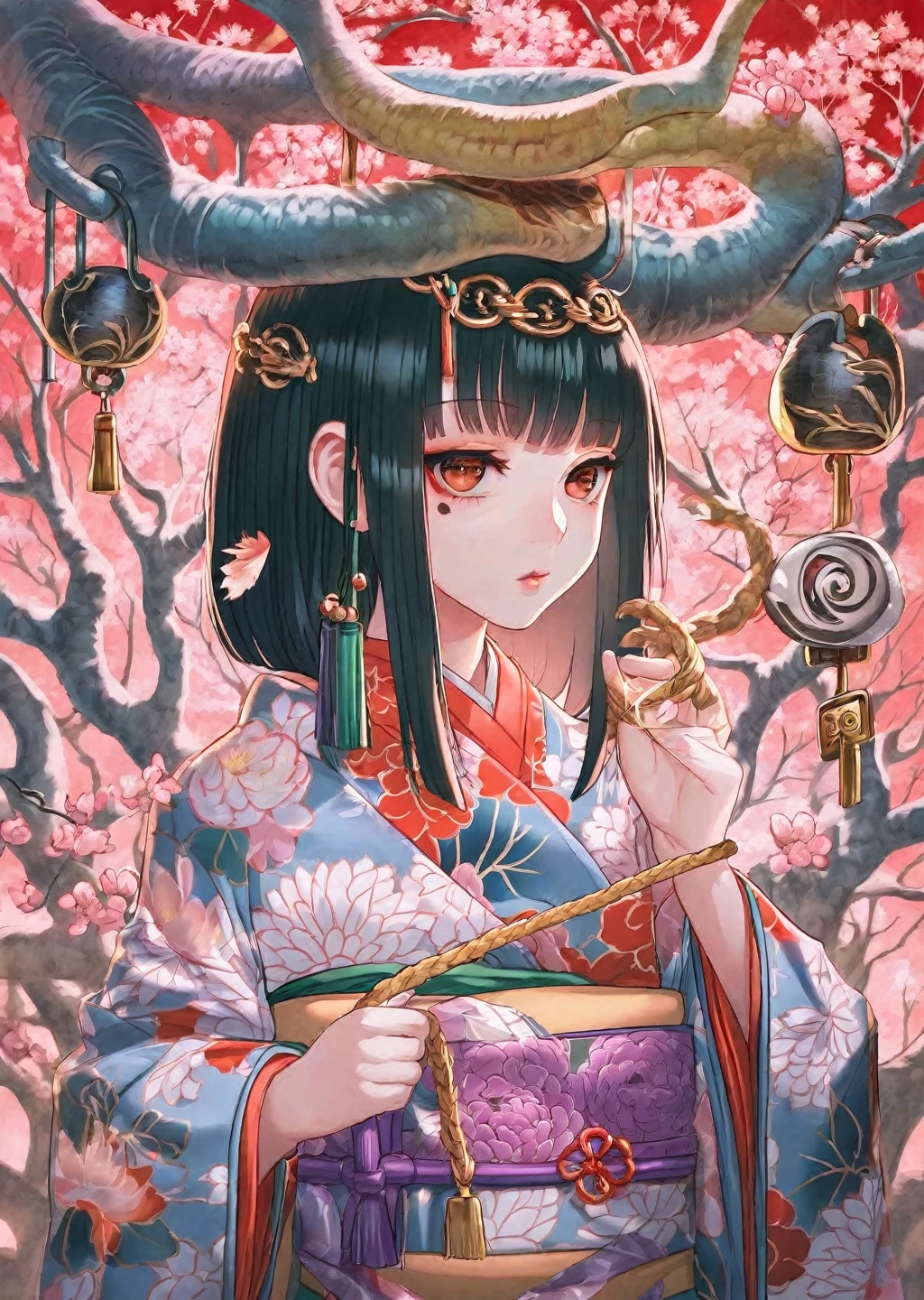 Cel shading highest quality, masterpiece, detailed, beautiful,
One girl, alone, Long black hair ,detailed face, kimono, Lock