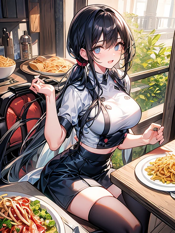 (dynamic angle:1.3, front view:1.1, breast focus:1.3, from above:1.1), (dynamic posing:1.2, sexy posing:1.2), (seductive smiling:1.3), ((holding Pasta on a plate,Taking the pasta out of the pan, worried about the outcome:1.2)),highest quality、(real、photorealistic:1.4),(ultra high resolution, 8K RAW photo, clear focus), best qualtiy, natural lighting, field depth, (Bright pupils, detailed beautiful eyes, high detailed face), Red lip, (tight focus:1.2), a girl 22yo old, Wearing a pastry chef uniform:1.3 , Thicc, thin breast, long hair, blue eyes,garter stocking, cleavage:1.2, midriff, black shorts, black thighhighs, thigh strap, pretty girl, (highly detailed beautiful face and eyes,firm breasts),real skin,((black,hair,long pony tail hair)),thin pubic hair,cute,lovely, detailed eyes,(double breasted:1.0,under bust:1.0),(with sparkling eyes and a contagious smile),open mouth, Looking at Viewer,A scene of make cooking Carbonara Pasta in the kitchen
