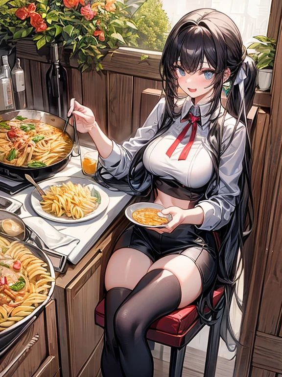 (dynamic angle:1.3, front view:1.1, breast focus:1.3, from above:1.1), (dynamic posing:1.2, sexy posing:1.2), (seductive smiling:1.3), ((holding Pasta on a plate,Taking the pasta out of the pan, worried about the outcome:1.2)),highest quality、(real、photorealistic:1.4),(ultra high resolution, 8K RAW photo, clear focus), best qualtiy, natural lighting, field depth, (Bright pupils, detailed beautiful eyes, high detailed face), Red lip, (tight focus:1.2), a girl 22yo old, Wearing a pastry chef uniform:1.3 , Thicc, thin breast, long hair, blue eyes,garter stocking, cleavage:1.2, midriff, black shorts, black thighhighs, thigh strap, pretty girl, (highly detailed beautiful face and eyes,firm breasts),real skin,((black,hair,long pony tail hair)),thin pubic hair,cute,lovely, detailed eyes,(double breasted:1.0,under bust:1.0),(with sparkling eyes and a contagious smile),open mouth, Looking at Viewer,A scene of make cooking Carbonara Pasta in the kitchen