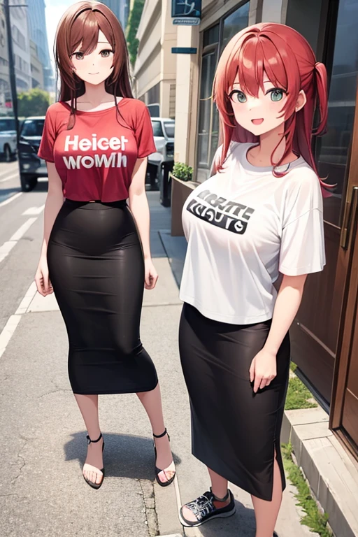1girl, woman, t-shirt, pencil skirt, maxi length skirt, midriff, long hair, brown hair, full body, smile
