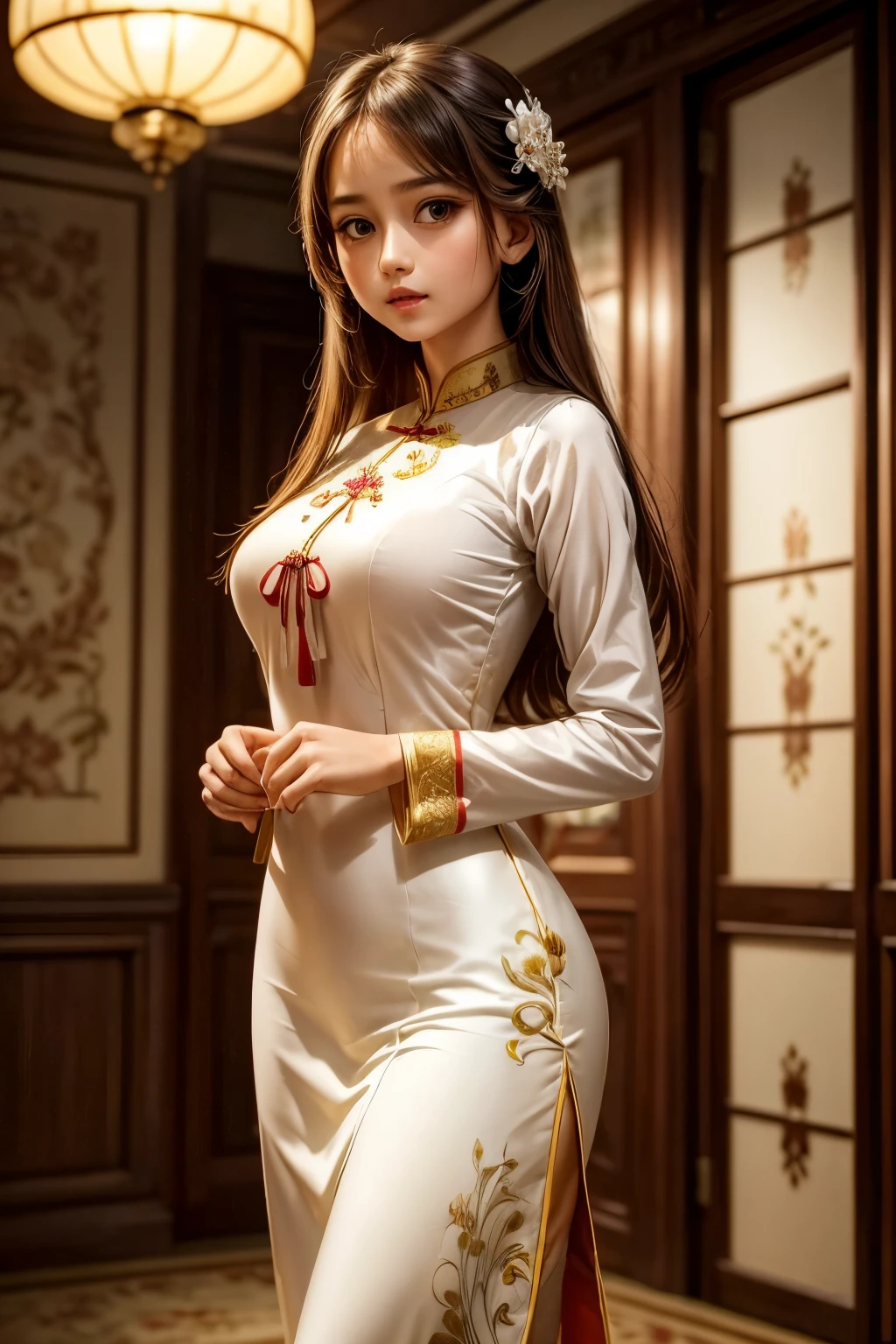 the girl in the Ao Dai is sewn from thin silk or cotton fabric, has a long and body-hugging white style that is very detailed, the peacock pattern in front of the shirt is very detailed, the girl stands in a very splendid space with many details