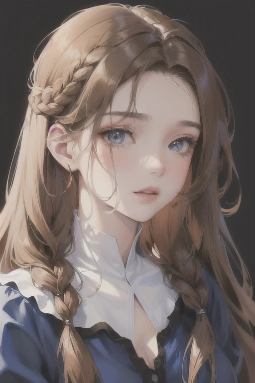 (higher resolution, distinct_imageio) best qualityer, a feminine masterpiece, highy detailed, semi-realistic,(most part of the body),Long brown hair with braided front strands tied behind the head, 18 years old, Youngh,Simple blue dress without neckline,sharpy face,(eyes browns),(plain white background),fly away, innocent looking, submissa,(Standing painting),(exquisite facial features, exquisite facial features)
