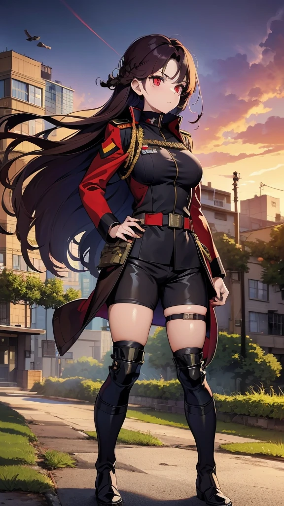 girl with long hair, perfect body, purple-red eyes, military jacket, beautiful thick thighs, purple-red and black clothing, military boots, many belts, holds a futuristic machine gun with both hands, has war scars, walking shot, focus Full body, high definition details, military base background.