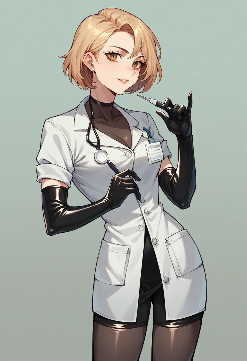 1girl, ((elbow gloves)), ((surgical gloves)), ((latex gloves)), ((long sleeves)) ((surgeon outfit)), looking at viewer, ((doctor)), standing, solo
