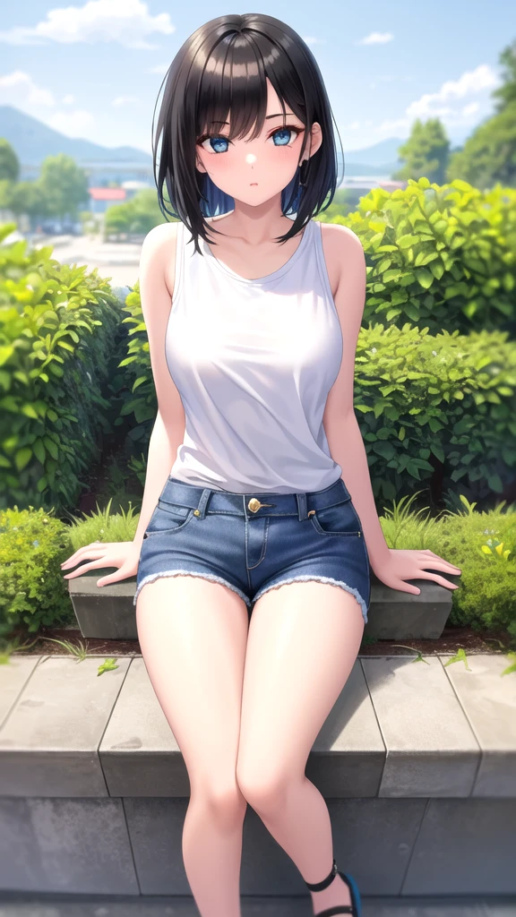 masterpiece, best quality, high quality, 1girl, solo, 19-year-old girl,female focus, looking at viewer , black hair, old-school swoop haircut,white T-shirt sleeveless ,blue jean shorts, emerald eyes, sitting on a bench 