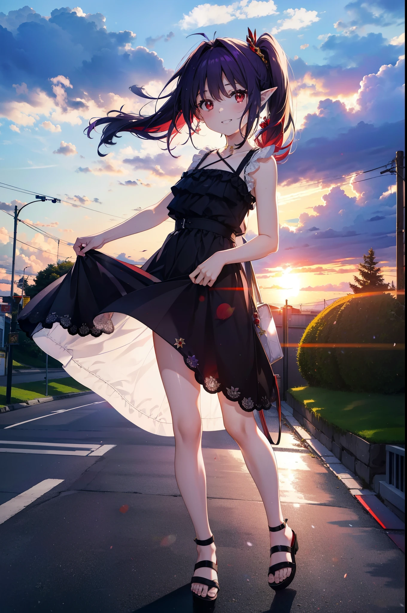 yuukikonno, Yuki Konno, hair band, Long Hair, Pointy Ears, Purple Hair, (Red eyes:1.5), (Small breasts:1.2),Side Ponytail,smile,Grin,Purple sleeveless dress、Cute Sandals,Put your right hand on your hip,Push-type suitcase,Are standing,Daytime,whole bodyがイラストに入るように, 　　　　　break looking at viewer, whole body,  　　　　　　　　　　　　　　　　　　　break outdoors,countryside, Residential Street,city,　　　　　　　　　　　　break (masterpiece:1.2), Highest quality, High resolution, unity 8k wallpaper, (shape:0.8), (Fine and beautiful eyes:1.6), Highly detailed face, Perfect lighting, Highly detailed CG, (Perfect hands, Perfect Anatomy),チックなmorning日,morning,Extreme Light，　　　　　　　　　　