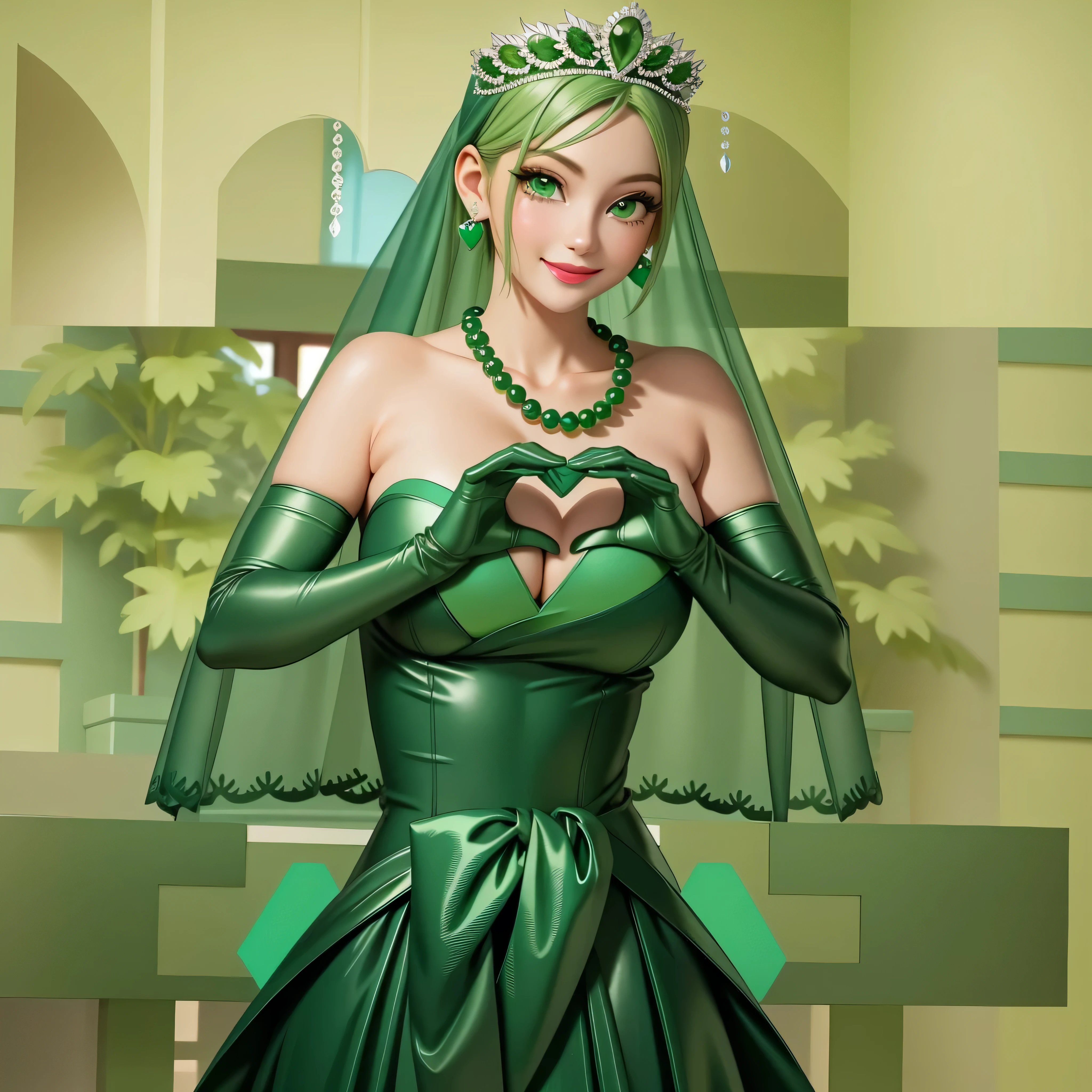 emerald tiara, Green Pearl Necklace, Boyish very short green hair, Green Lips, Smiling Japanese woman, Very short hair, Busty beautiful lady, Green Eyes, Green satin long gloves, Green Eyes, Emerald Earrings, Green veil, Heart with both hands, Green Hair, Beautiful Japanese Women, Heart shaped hands:1.3, green lip gloss