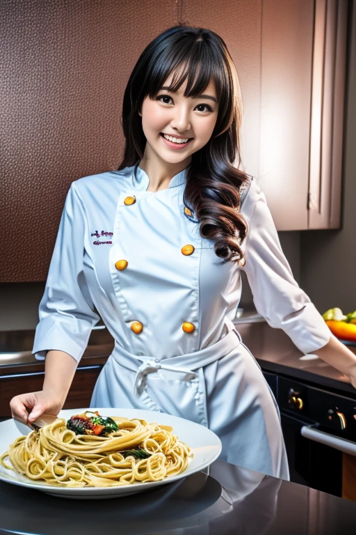(dynamic angle:1.3, front view:1.1, breast focus:1.3, from above:1.1), (dynamic posing:1.2, sexy posing:1.2), (seductive smiling:1.3), ((holding Pasta on a plate,Taking the pasta out of the pan, worried about the outcome:1.2)),highest quality、(real、photorealistic:1.4),(ultra high resolution, 8K RAW photo, clear focus), best qualtiy, natural lighting, field depth, (Bright pupils, detailed beautiful eyes, high detailed face), Red lip, (tight focus:1.2), a girl 22yo old, Wearing a pastry chef uniform:1.3 , Thicc, thin breast, long hair, blue eyes,garter stocking, cleavage:1.2, midriff, black shorts, black thighhighs, thigh strap, pretty girl, (highly detailed beautiful face and eyes,firm breasts),real skin,((black,hair,long pony tail hair)),thin pubic hair,cute,lovely, detailed eyes,(double breasted:1.0,under bust:1.0),(with sparkling eyes and a contagious smile),open mouth, Looking at Viewer,A scene of make cooking Carbonara Pasta in the kitchen