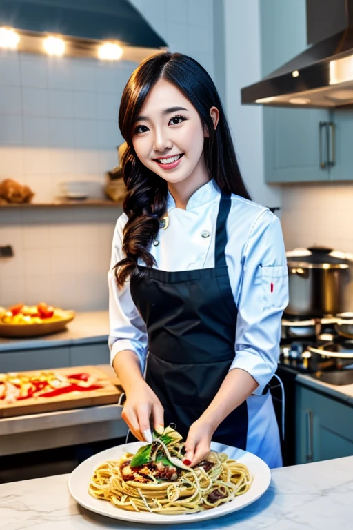 (dynamic angle:1.3, front view:1.1, breast focus:1.3, from above:1.1), (dynamic posing:1.2, sexy posing:1.2), (seductive smiling:1.3), ((holding Pasta on a plate,Taking the pasta out of the pan, worried about the outcome:1.2)),highest quality、(real、photorealistic:1.4),(ultra high resolution, 8K RAW photo, clear focus), best qualtiy, natural lighting, field depth, (Bright pupils, detailed beautiful eyes, high detailed face), Red lip, (tight focus:1.2), a girl 22yo old, Wearing a pastry chef uniform:1.3 , Thicc, thin breast, long hair, blue eyes,garter stocking, cleavage:1.2, midriff, black shorts, black thighhighs, thigh strap, pretty girl, (highly detailed beautiful face and eyes,firm breasts),real skin,((black,hair,long pony tail hair)),thin pubic hair,cute,lovely, detailed eyes,(double breasted:1.0,under bust:1.0),(with sparkling eyes and a contagious smile),open mouth, Looking at Viewer,A scene of make cooking Carbonara Pasta in the kitchen
