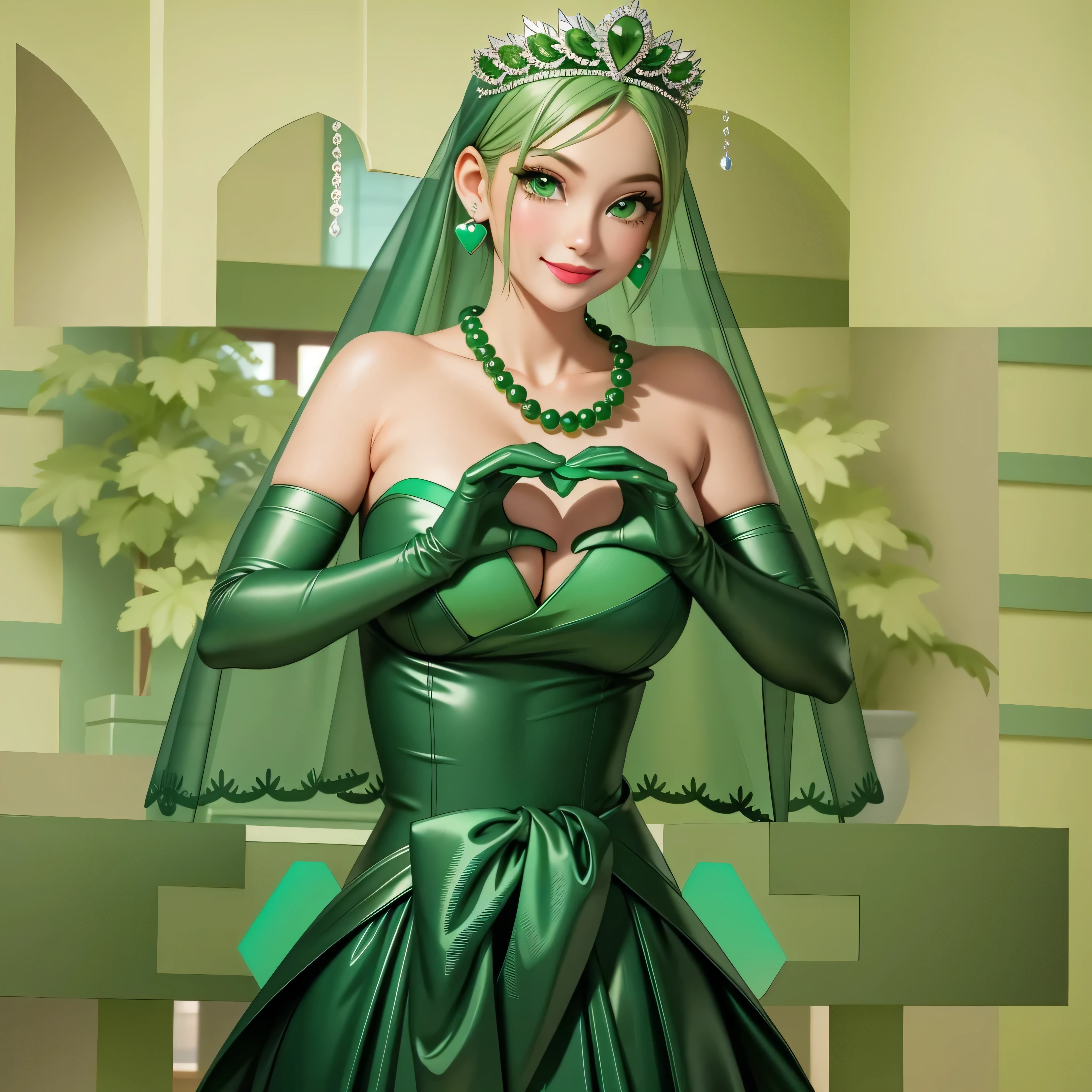 emerald tiara, Green Pearl Necklace, Boyish very short green hair, Green Lips, Smiling Japanese woman, Very short hair, Busty beautiful lady, Green Eyes, Green satin long gloves, Green Eyes, Emerald Earrings, Green veil, Heart with both hands, Green Hair, Beautiful Japanese Women, Heart shaped hands:1.3, green lip gloss