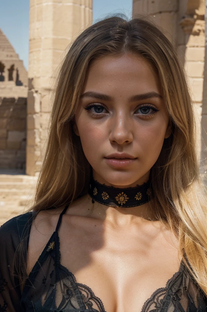 a beautiful blonde woman, beautiful golden blonde hair, detailed eyes, beautiful detailed lips, extremely detailed face, long eyelashes, in the country of Egypt, wearing a long black arab dress, (best quality,4k,8k,highres,masterpiece:1.2),ultra-detailed,(realistic,photorealistic,photo-realistic:1.37),HDR,UHD,studio lighting,ultra-fine painting,sharp focus,physically-based rendering,extreme detail description,professional,vivid colors,bokeh,portrait, with a view of pyramide behind, photo plan américain