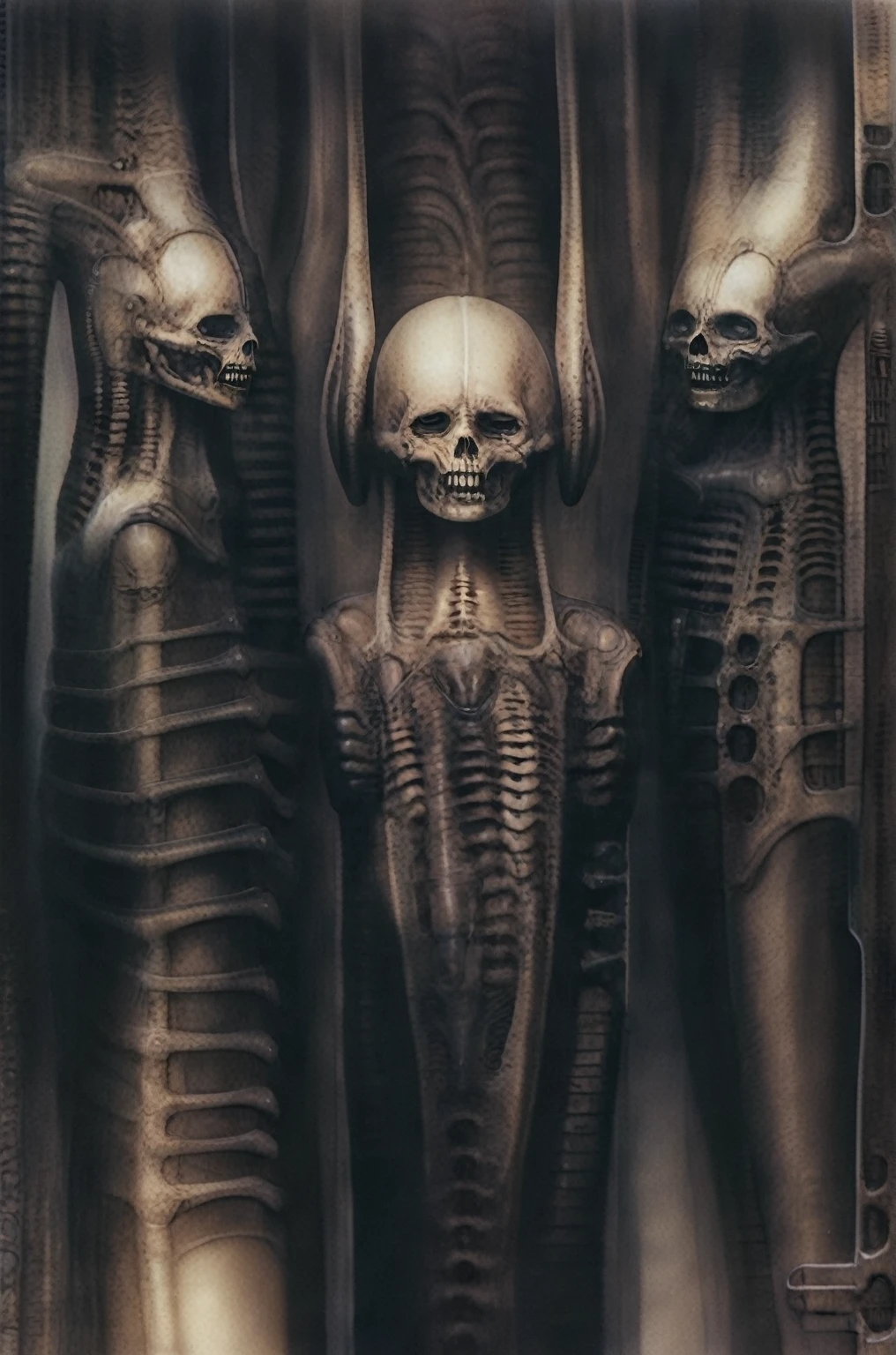 g1g3r, Giger_style, The image is a detailed view of H.R. Giger's \" Li II \" plate, featuring a complex network of bones and organs in a purple-brown hue ,swirling gray and brown colorsgroup of three alien figures positioned in the foreground. Emaciated and skeletal, with hollow eyes, they appear to be constructed from bone and metallic elements, a characteristic fusion of organic and mechanical forms found in Giger's biomechanical art.
The image features a robotic humanoid figure with intricate mechanical details, standing in a room with a glowing screen displaying the word \"EVE\" and a hand reaching out to touch its face. The background is a dark and limited space painted in a uniform blue-green color. This lack of detail keeps the focus on the figures and creates a sense of mystery about their environment. Receding into the distance are a series of arches and tunnels that hint at a larger biomechanical landscape, possibly the work of the creatures themselves The artwork is silver and purplish brown, with an ivory bones prominently displayed. The image is highly detailed and intricate, almost like a 3d version of a medical diagram (detailed view of an anatomy model, possibly of a human body, with transparent organs and bones exposed). The piece has a thick mechano-organic texture and is covered in fine details. The image has a swirling, organic quality to it. The artistic manner would be unmistakably Gigeresque. A dark and unsettling beauty would permeate the piece, blurring the lines between fascination and repulsion , forever haunted by the grotesque allure. Giger's signature artistic manner would be evident in every stroke. The airbrush would be wielded with masterful precision to create a hyperrealistic yet nightmarish aesthetic.., ooze soaked pajama top