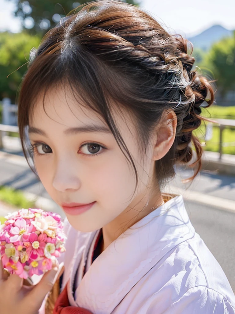 ((Cute 15 year old Japanese))、on the road、Highly detailed face、Pay attention to the details、double eyelid、Beautiful thin nose、Sharp focus:1.2、Beautiful woman:1.4、Cute Hairstyles、Pure white skin、highest quality、masterpiece、Ultra-high resolution、(Realistic:1.4)、Highly detailed and professional lighting、nice smile、Japanese school girl uniform