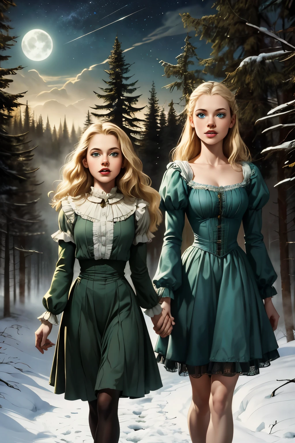 two girls, wide angle, detailed reproduction of a forest surrounded by fog up to a height of one meter. clear starry sky with a big full moon, bare trees, winter, two girls, (Virginia Otis,  (blond hair, blue eyes)) pose with (16 years oldald (blond hair, green eyes)). Victorian style. thin, cute face, walks at night in Canterville Castle (inspired by the novel The Canterville Ghost). aged 1887, Victorian fantasy