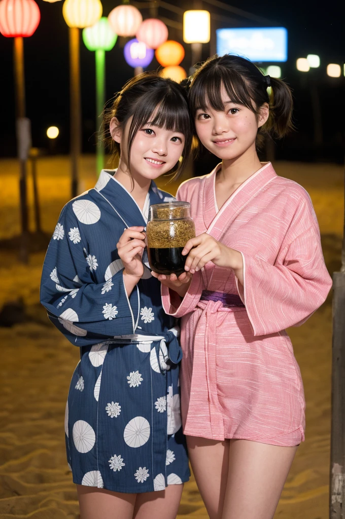 2 girls in beach by seaside school at night,long-sleeved yukata,fireworks,18-year-old,bangs,a little smile,thighs,knees,short hair with low pigtails bunches,from below,front light