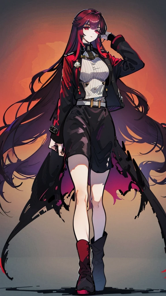 girl with long hair, perfect body, purple-red eyes, military jacket, beautiful thick thighs, purple-red and black clothing, military boots, many belts, holds a futuristic machine gun with both hands, has war scars, walking shot, focus Full body, high definition details, military base background.
