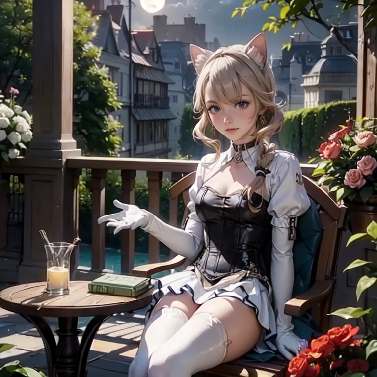 1girl, white maid dress, jewelry, blonde hair, flowing hair, long hair, white roses, firefly, oriental architecture, maid dress with a short skirt and layers, white laces, white boots, white dress with transparency, gold details on her clothes, cat ears, animal ears, outside, outdoor, seat on the water, night, meteor falling in the sky, full moon, white roses, grass flowers, lantern, more details, perfectly body, perfectly hands, two hands, two legs, two arms, five fingers, solo, alone, glowing hair, best quality, cat ears, animal ears, firefly, white gloves, two cat tail, white gloves, alone, maid headdress, choker, garden scenery, detached sleeves, maid dress, maid white dress, strapless, masterpiece, best quality, detailed face, night, asymmetrical gloves, bangs, white short skirt , white gloves, white boots, earrings, elbow gloves, fishnet thigh highs, fish masterpiece, solo, best quality, detailed face, gloves, hair between eyes, jewelry, long hair, looking at viewer, single earring, sky, sleeveless, solo, thigh boots, thighhighs, uneven gloves, sitting, cat ears, animal ears, one cat tail,