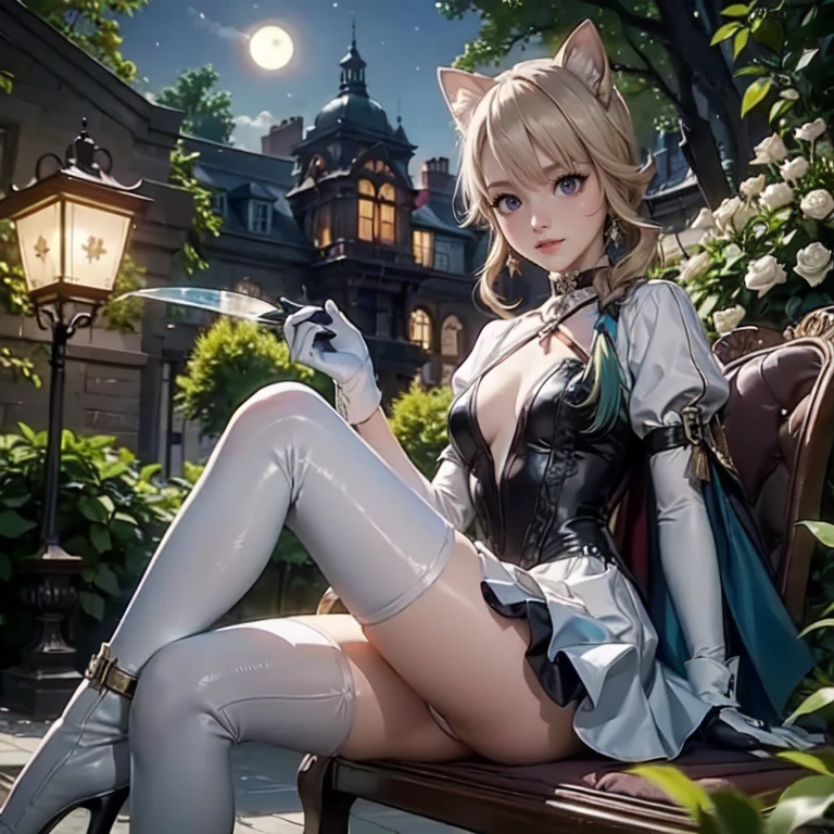 1girl, white maid dress, jewelry, blonde hair, flowing hair, long hair, white roses, firefly, oriental architecture, maid dress with a short skirt and layers, white laces, white boots, white dress with transparency, gold details on her clothes, cat ears, animal ears, outside, outdoor, seat on the water, night, meteor falling in the sky, full moon, white roses, grass flowers, lantern, more details, perfectly body, perfectly hands, two hands, two legs, two arms, five fingers, solo, alone, glowing hair, best quality, cat ears, animal ears, firefly, white gloves, two cat tail, white gloves, alone, maid headdress, choker, garden scenery, detached sleeves, maid dress, maid white dress, strapless, masterpiece, best quality, detailed face, night, asymmetrical gloves, bangs, white short skirt , white gloves, white boots, earrings, elbow gloves, fishnet thigh highs, fish masterpiece, solo, best quality, detailed face, gloves, hair between eyes, jewelry, long hair, looking at viewer, single earring, sky, sleeveless, solo, thigh boots, thighhighs, uneven gloves, sitting, cat ears, animal ears, one cat tail,