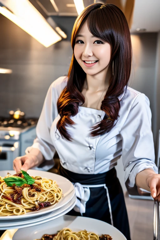 (dynamic angle:1.3, front view:1.1, breast focus:1.3, from above:1.1), (dynamic posing:1.2, sexy posing:1.2), (seductive smiling:1.3), ((holding Pasta on a plate,Taking the pasta out of the pan, worried about the outcome:1.2)),highest quality、(real、photorealistic:1.4),(ultra high resolution, 8K RAW photo, clear focus), best qualtiy, natural lighting, field depth, (Bright pupils, detailed beautiful eyes, high detailed face), Red lip, (tight focus:1.2), a girl 22yo old, Wearing a pastry chef uniform:1.3 , Thicc, thin breast, long hair, blue eyes,garter stocking, cleavage:1.2, midriff, black shorts, black thighhighs, thigh strap, pretty girl, (highly detailed beautiful face and eyes,firm breasts),real skin,((black,hair,long pony tail hair)),thin pubic hair,cute,lovely, detailed eyes,(double breasted:1.0,under bust:1.0),(with sparkling eyes and a contagious smile),open mouth, Looking at Viewer,A scene of make cooking Carbonara Pasta in the kitchen
