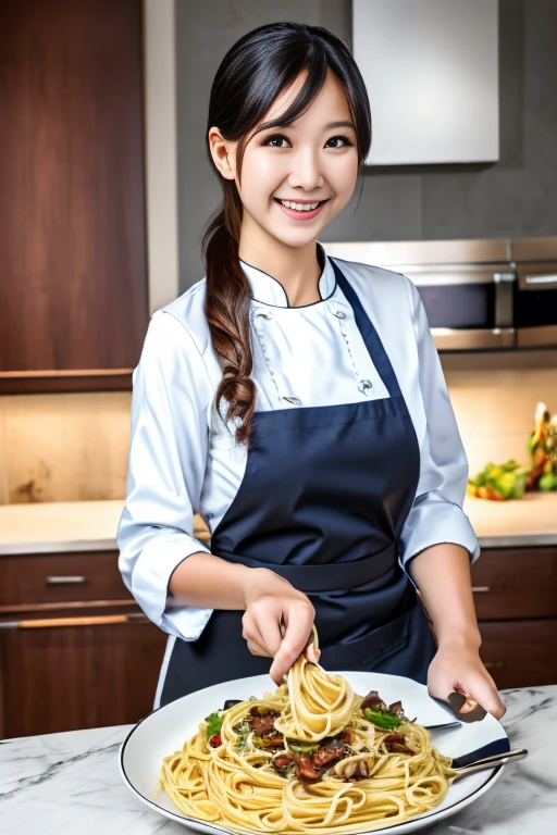 (dynamic angle:1.3, front view:1.1, breast focus:1.3, from above:1.1), (dynamic posing:1.2, sexy posing:1.2), (seductive smiling:1.3), ((holding Pasta on a plate,Taking the pasta out of the pan, worried about the outcome:1.2)),highest quality、(real、photorealistic:1.4),(ultra high resolution, 8K RAW photo, clear focus), best qualtiy, natural lighting, field depth, (Bright pupils, detailed beautiful eyes, high detailed face), Red lip, (tight focus:1.2), a girl 22yo old, Wearing a pastry chef uniform:1.3 , Thicc, thin breast, long hair, blue eyes,garter stocking, cleavage:1.2, midriff, black shorts, black thighhighs, thigh strap, pretty girl, (highly detailed beautiful face and eyes,firm breasts),real skin,((black,hair,long pony tail hair)),thin pubic hair,cute,lovely, detailed eyes,(double breasted:1.0,under bust:1.0),(with sparkling eyes and a contagious smile),open mouth, Looking at Viewer,A scene of make cooking Carbonara Pasta in the kitchen
