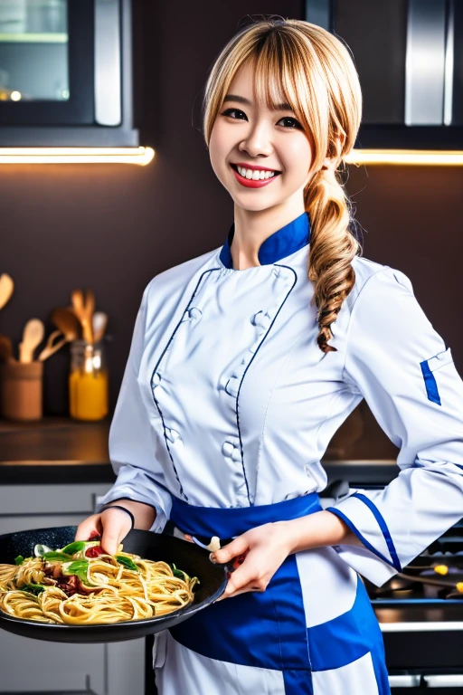 (dynamic angle:1.3, front view:1.1, breast focus:1.3, from above:1.1), (dynamic posing:1.2, sexy posing:1.2), (seductive smiling:1.3), ((holding Pasta on a plate,Taking the pasta out of the pan, worried about the outcome:1.2)),highest quality、(real、photorealistic:1.4),(ultra high resolution, 8K RAW photo, clear focus), best qualtiy, natural lighting, field depth, (Bright pupils, detailed beautiful eyes, high detailed face), Red lip, (tight focus:1.2), a girl 22yo old, Wearing a pastry chef uniform:1.3 , Thicc, thin breast, long hair, blue eyes,garter stocking, cleavage:1.2, midriff, black shorts, black thighhighs, thigh strap, pretty girl, (highly detailed beautiful face and eyes,firm breasts),real skin,((black,hair,long pony tail hair)),thin pubic hair,cute,lovely, detailed eyes,(double breasted:1.0,under bust:1.0),(with sparkling eyes and a contagious smile),open mouth, Looking at Viewer,A scene of make cooking Carbonara Pasta in the kitchen