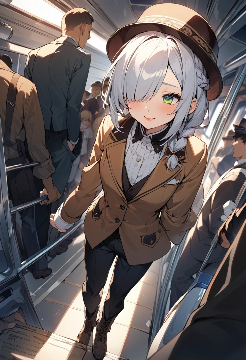 BREAK Perfect Anatomy、(High resolution:1.2)、Incredible illustrations、(Cute illustrations:1.2)、()(cinematic angle,ceiling,solo focus,) 
（Beautiful background（Passageway inside special passenger car))

1girl(a (male focus,tom girl), 1.7meters, 45kg,,dark skin:2.5 ,green eyes,silver hair,hair over one eye,long french braid,lipstick:1.2)(light smile)
(tyrolean hat,dark rail road man's coat,Vest jacket with lines,slacks,workman's boots)　Conductor checking tickets inside the train

