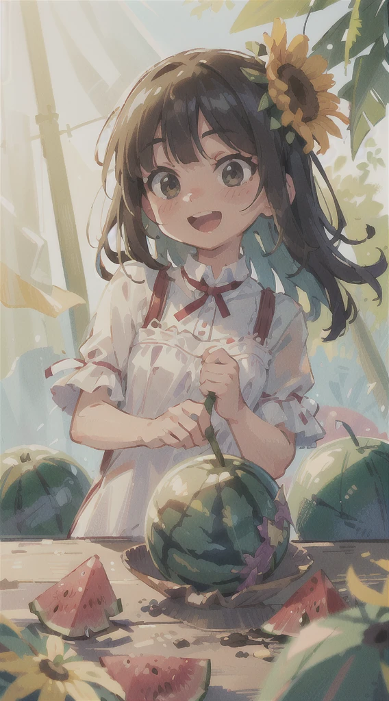 Girl, Watermelon, Happy, Summer, Perfect Quality, Clear Focus (Clutter - Home: 0.8), (Masterpiece: 1.2) (Realistic: 1.2) (Bokeh) (Best Quality) (Detailed Skin: 1.3) (Intricate Detail) (8K) (Detail Eye) (Sharp Focus), (Happy