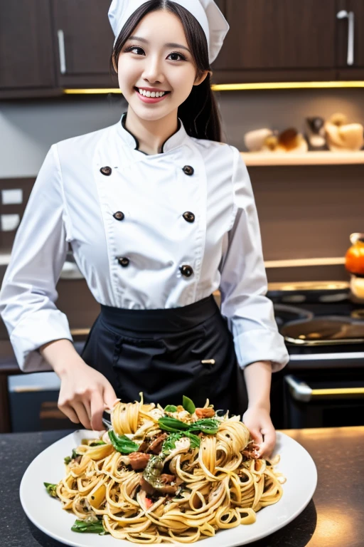 (dynamic angle:1.3, front view:1.1, breast focus:1.3, from above:1.1), (dynamic posing:1.2, sexy posing:1.2), (seductive smiling:1.3), ((holding Pasta on a plate,Taking the pasta out of the pan, worried about the outcome:1.2)),highest quality、(real、photorealistic:1.4),(ultra high resolution, 8K RAW photo, clear focus), best qualtiy, natural lighting, field depth, (Bright pupils, detailed beautiful eyes, high detailed face), Red lip, (tight focus:1.2), a girl 22yo old, Wearing a pastry chef uniform:1.3 , Thicc, thin breast, long hair, blue eyes,garter stocking, cleavage:1.2, midriff, black shorts, black thighhighs, thigh strap, pretty girl, (highly detailed beautiful face and eyes,firm breasts),real skin,((black,hair,long pony tail hair)),thin pubic hair,cute,lovely, detailed eyes,(double breasted:1.0,under bust:1.0),(with sparkling eyes and a contagious smile),open mouth, Looking at Viewer,A scene of make cooking Carbonara Pasta in the kitchen
