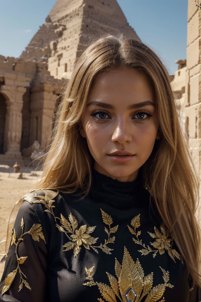 a beautiful blonde woman, beautiful golden blonde hair, detailed eyes, beautiful detailed lips, extremely detailed face, long eyelashes, in the country of Egypt, wearing a long black arab dress, (best quality,4k,8k,highres,masterpiece:1.2),ultra-detailed,(realistic,photorealistic,photo-realistic:1.37),HDR,UHD,studio lighting,ultra-fine painting,sharp focus,physically-based rendering,extreme detail description,professional,vivid colors,bokeh,portrait, with a view of pyramide behind, photo avec un cadrage américain, le cheveux au vent